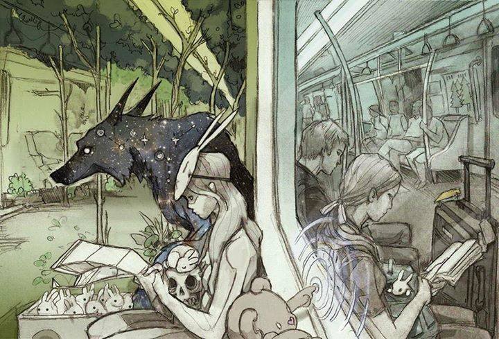 720x489, 91 Kb / метро, вагон, лес, заяц, мишка, волк, маска, Chiara Bautista