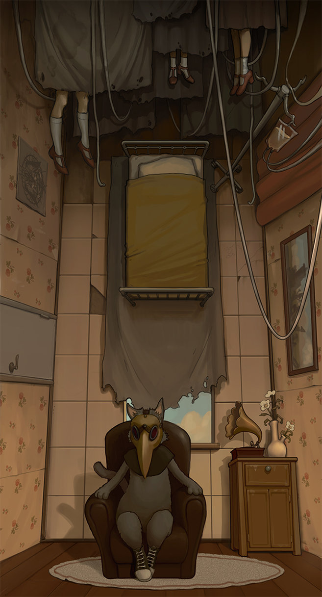 657x1217, 128 Kb / сюр, ноги, маска, граммофон, кровать, букет, капельница