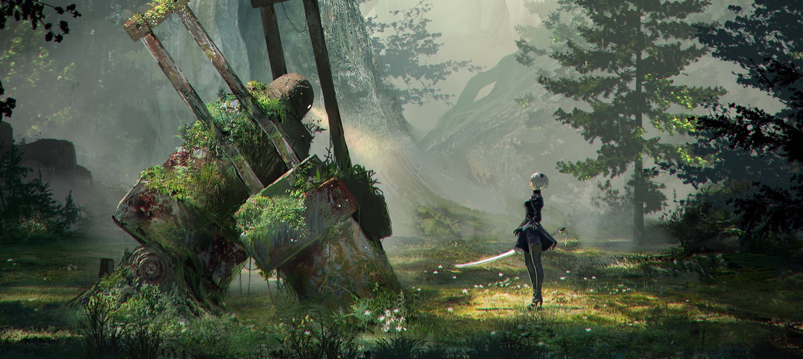 1600x715, 523 Kb / меч, девушка, поляна, робот, NieR: Automata