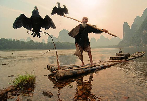 564x389, 43 Kb / мужчина, рыбак, лодка, птицы, река, горы