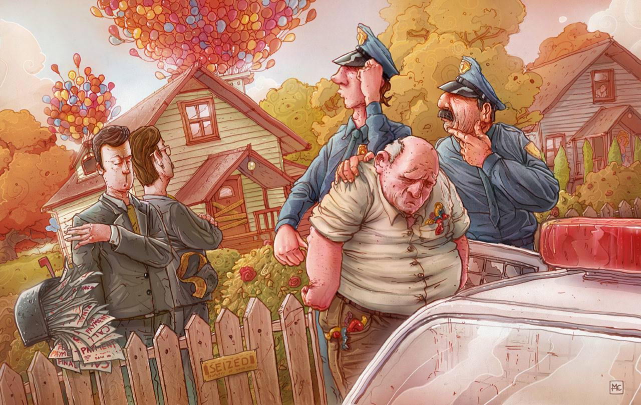 1280x810, 201 Kb / старик, полицейские, дом, шарики, коллекторы, Michal Dziekan, Вверх, Up, Disney, Pixar