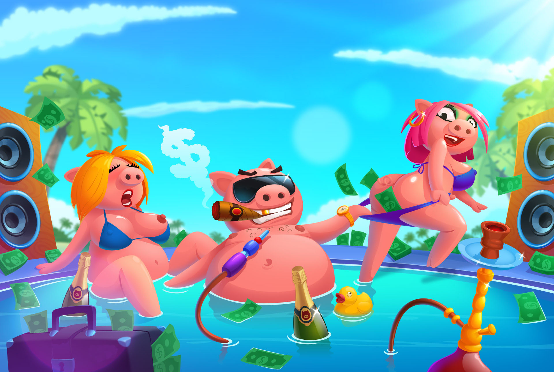 1920x1290, 314 Kb / картинка, свиньи, бассейн, сигара, деньги, чемодан