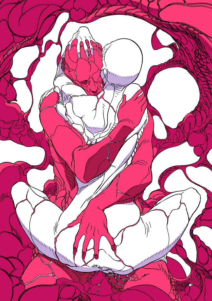 678x960, 134 Kb / обнимашки, красная, белая, фигуры, Baptiste Gaubert