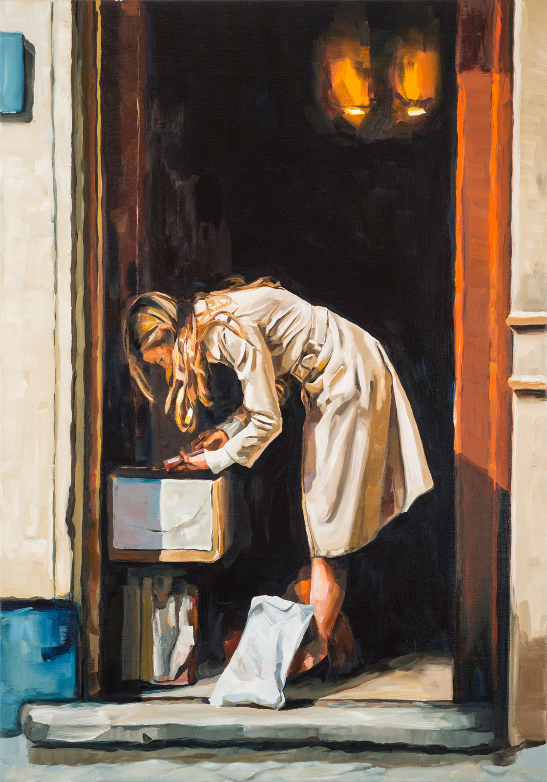 1120x1600, 340 Kb / картина, девушка, блондинка, вход, книги, плащ, авоська