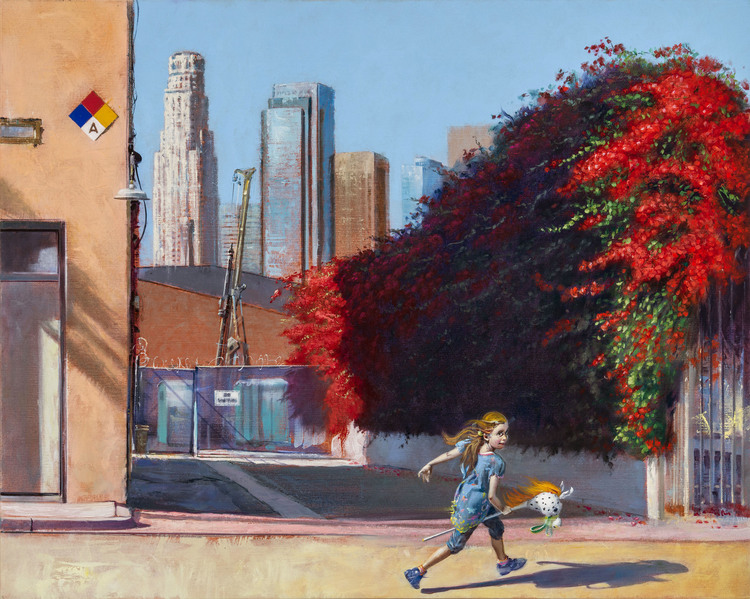 750x599, 242 Kb / город, небоскребы, картина, девочка, лошадка, цветы