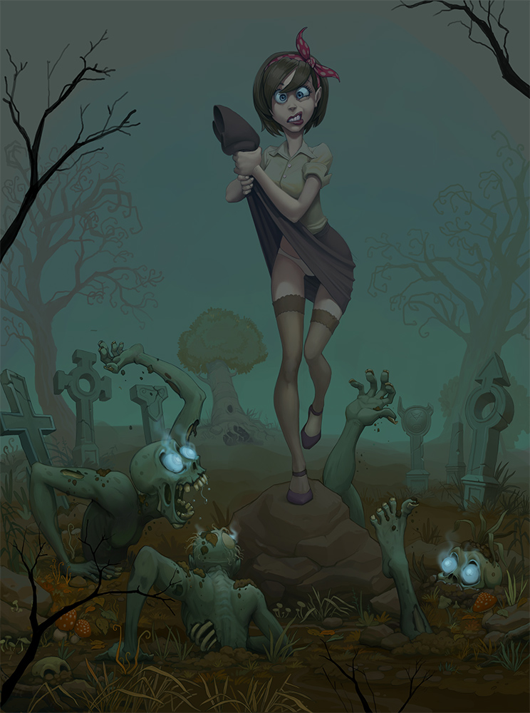 744x1000, 348 Kb / картинка, рисунок, девушка, юбка, чулки, кладбище, мертвецы, зомби, лезут, Михаил Глух