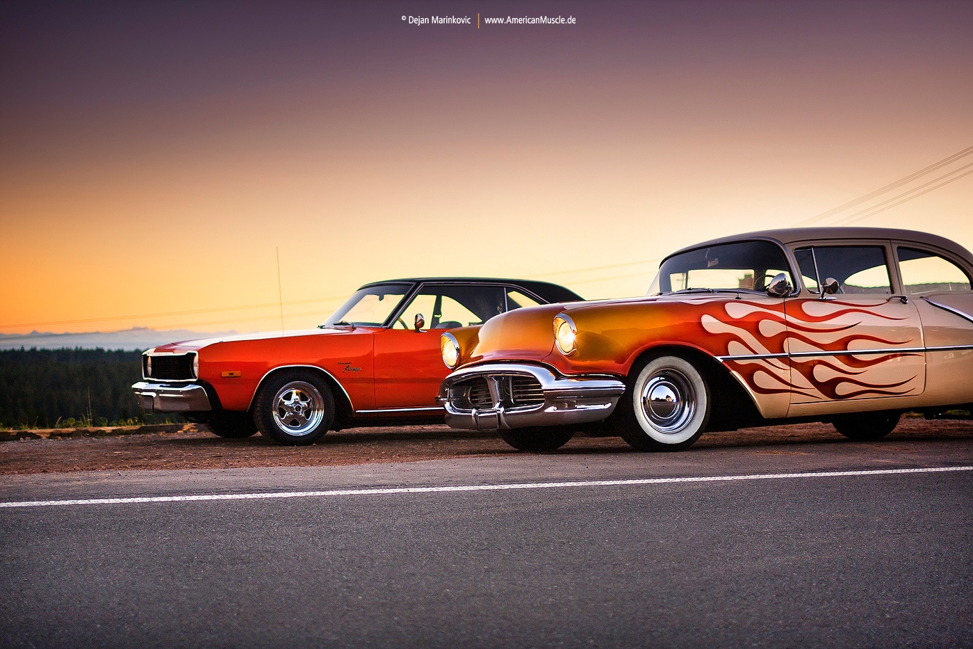 1400x933, 577 Kb / мускулкары, авто, закат, рассвет, красный, оранжевый, Мустанг, Форд,  americanmuscle