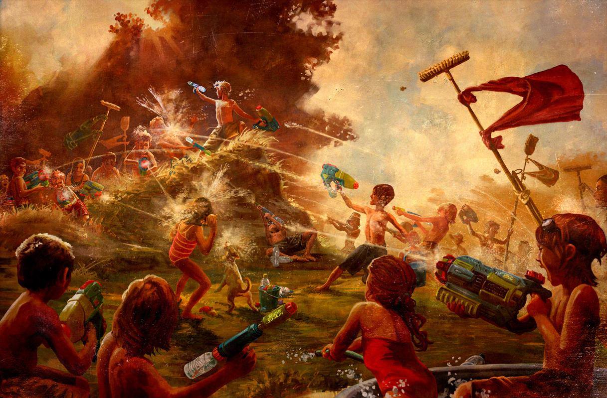 1217x799, 170 Kb / битва, водяные пистолеты, дети, картина, флаги