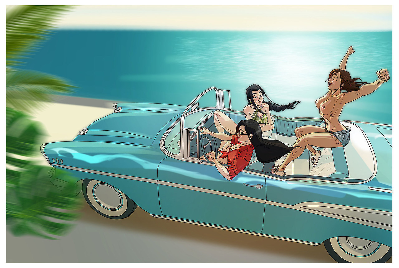 1280x860, 285 Kb / кабриолет, топлесс, шорты, ретро, пальма, девушки, брюнетки