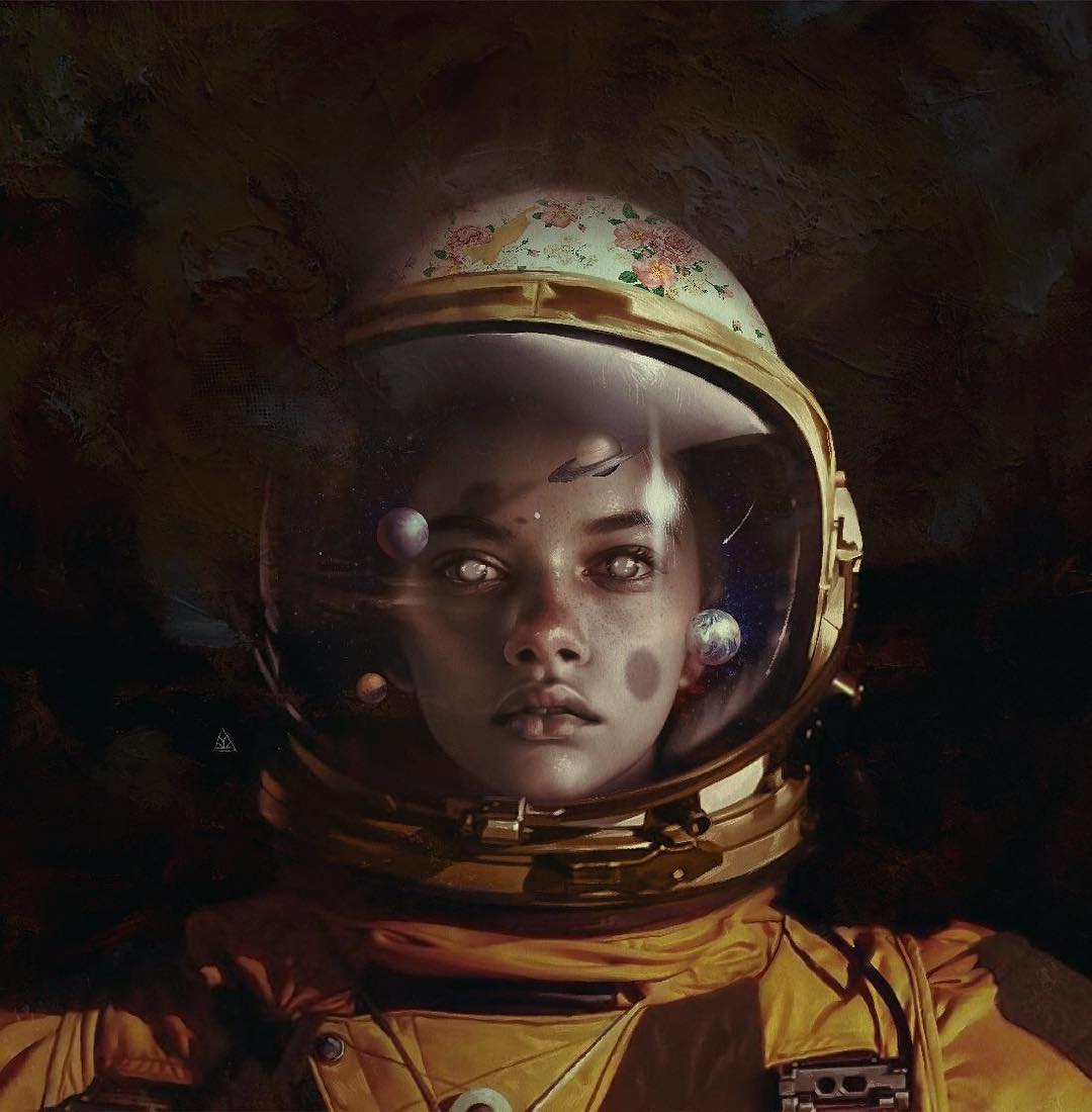 1080x1100, 94 Kb / девушка, афро, скафандр, космос, планеты, Aykut Aydogdu