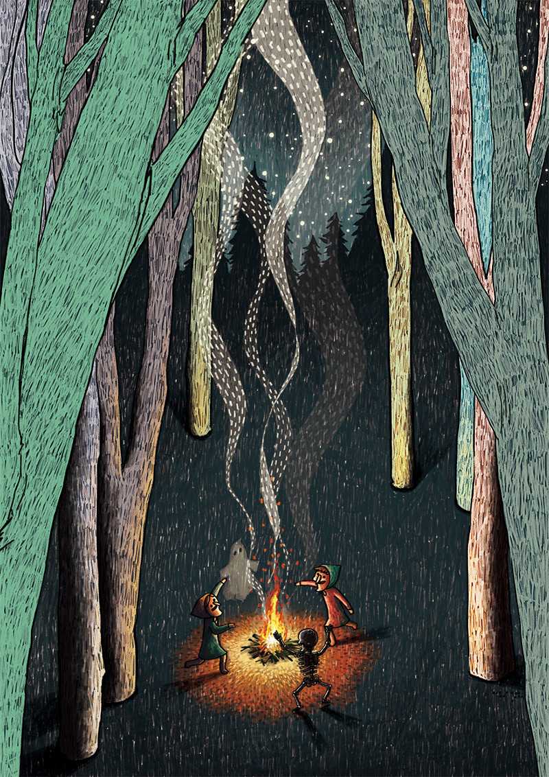 800x1132, 496 Kb / лес, костер, привидение, скелет