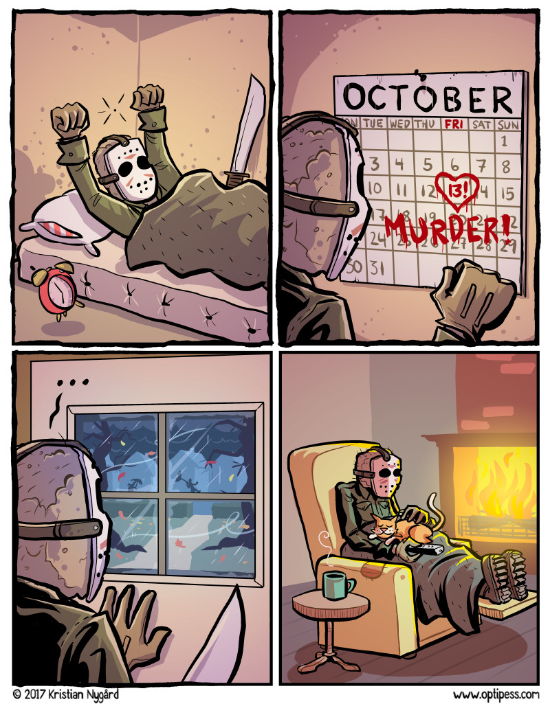 800x1025, 316 Kb / пила, непогода, чай, кот, маска, мачете, пятница, 13, будильник