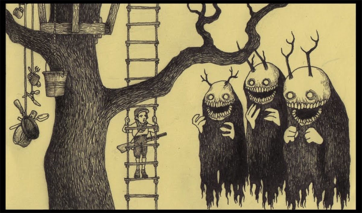 1200x707, 182 Kb / картинка, веревочная лестница, ружье, чудовища, домик на дереве, John Kenn