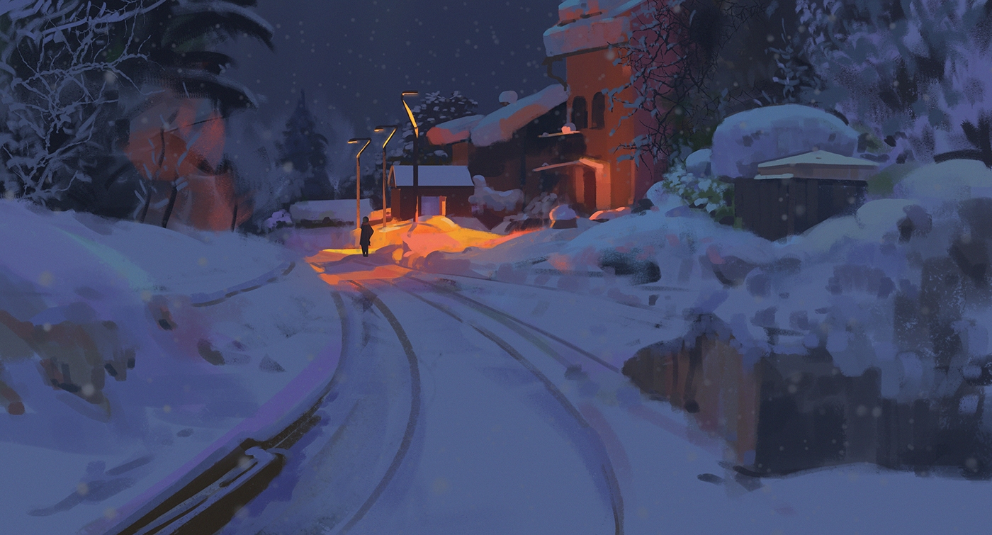 1400x755, 609 Kb / снег, свет, зимняя железнодорожная станция, snatti89