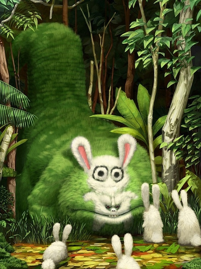 679x906, 268 Kb / кролик, 3d, лес, зайцы, маскировка, зверь, хищник