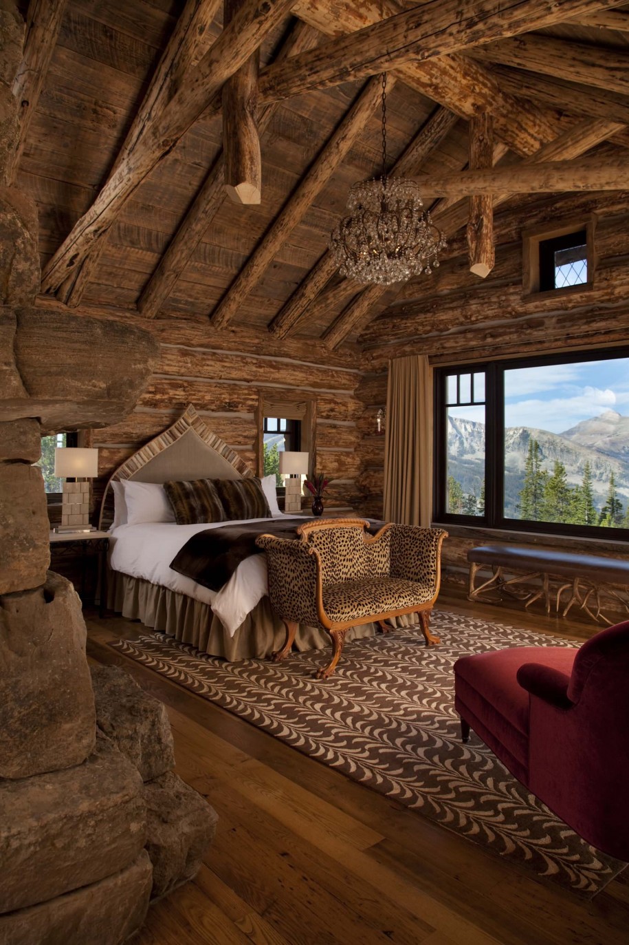 915x1373, 330 Kb / спальная, кровать, балки, дерево, вид из окна, интерьер