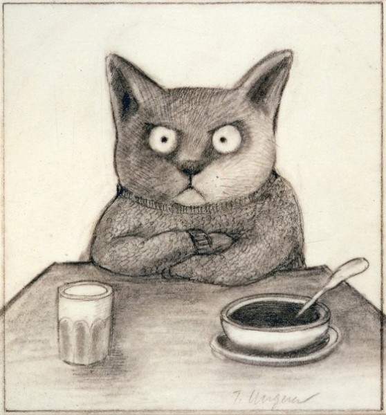 558x600, 82 Kb / кот, свитер, тарелка, стакан, рисунок