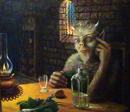 419x363, 37 Kb / бес, водка, рюмка, керасиновая лампа, керосин