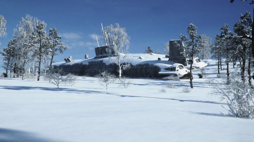 1013x567, 110 Kb / подводная лодка, подлодка, акула, лес, снег, береза