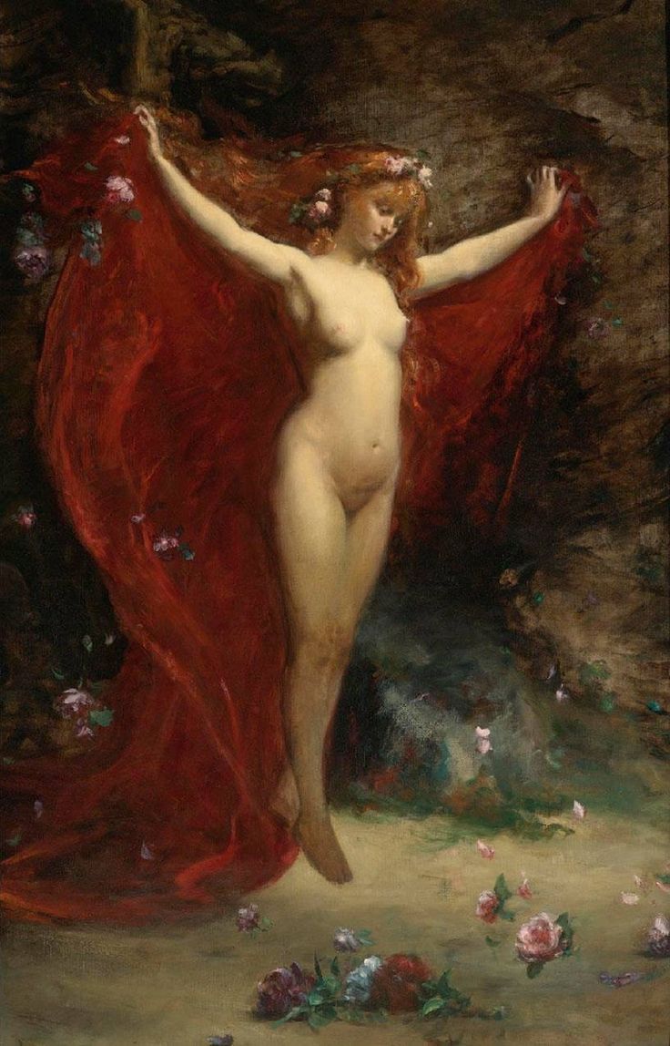 736x1148, 124 Kb / рыжая, ведьма, летит, цветы, венок, красная, накидка, картина