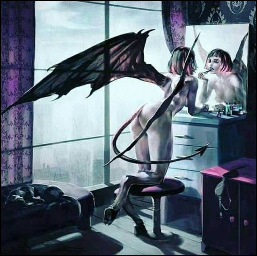 900x898, 192 Kb / чертовка, зеркало, макияж, окно, белье