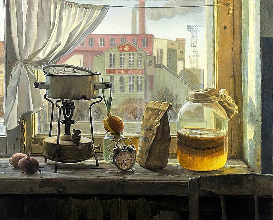 954x768, 241 Kb / будильник, примус, чайный гриб, совок, натюрморт