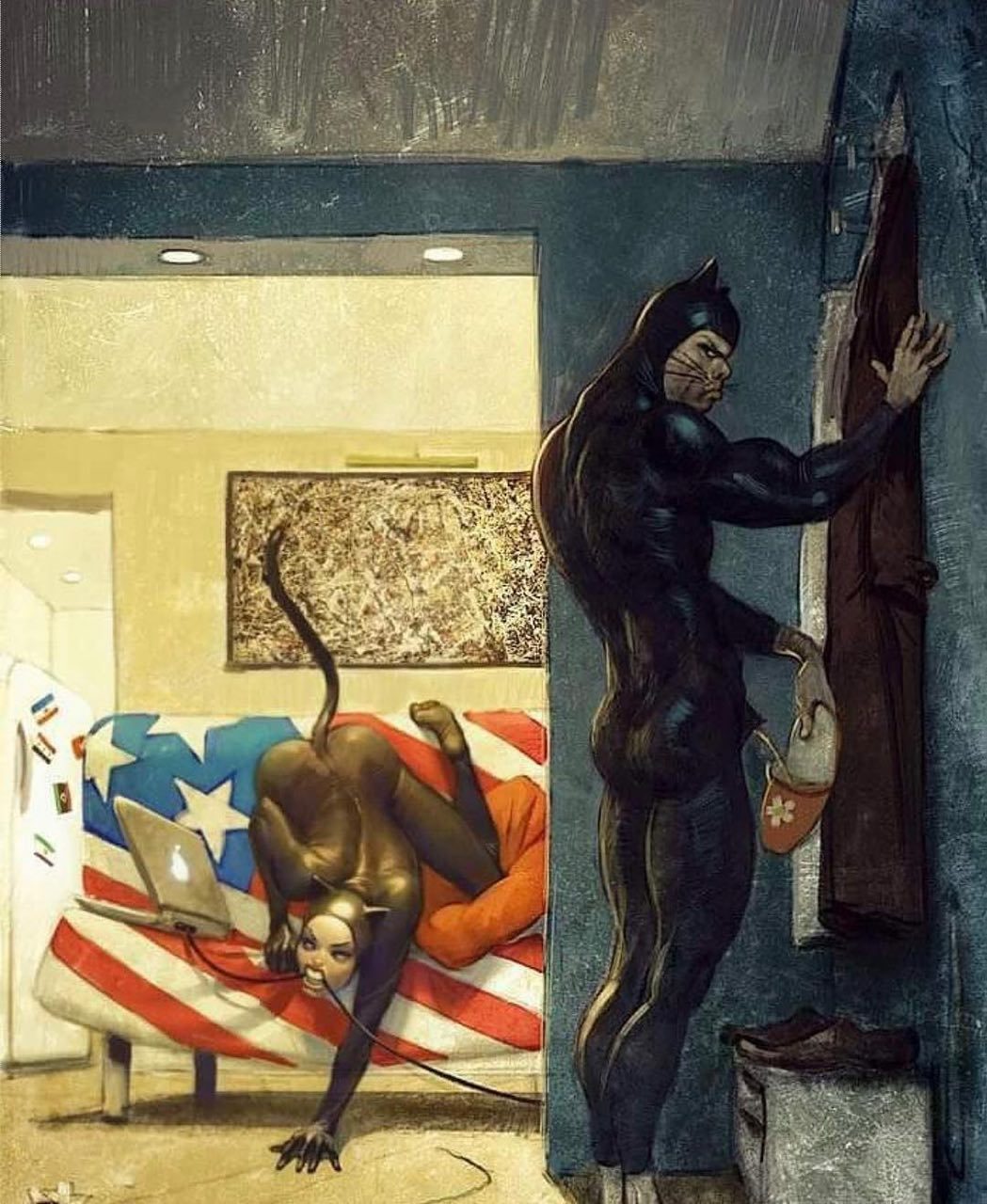 1049x1280, 207 Kb / флаг, женщина-кошка, тапок, ссыт, Waldemar Kazak, Вальдемар Казак, трешфайт, trash-fights