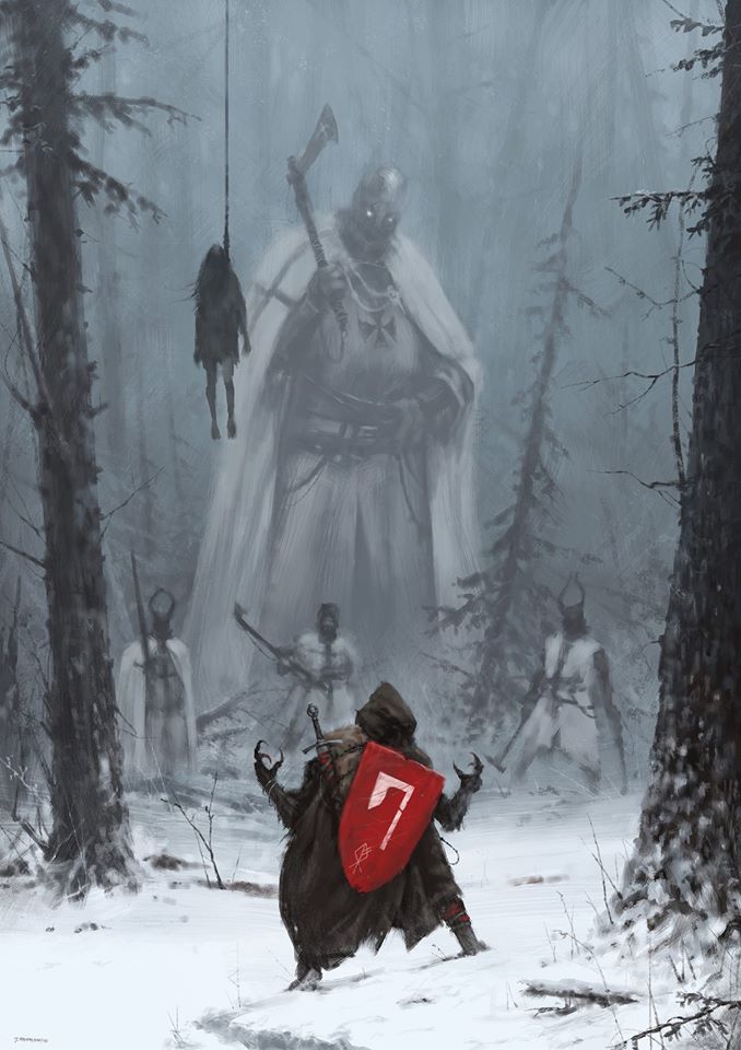 678x960, 88 Kb / воины, рыцари, снег, лес, повешеный, Jakub Rozalski