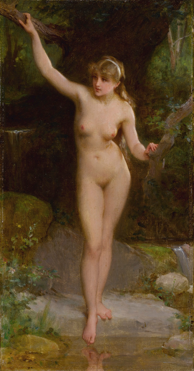 638x1222, 340 Kb / блондинка, камни, лес, дерево, картина