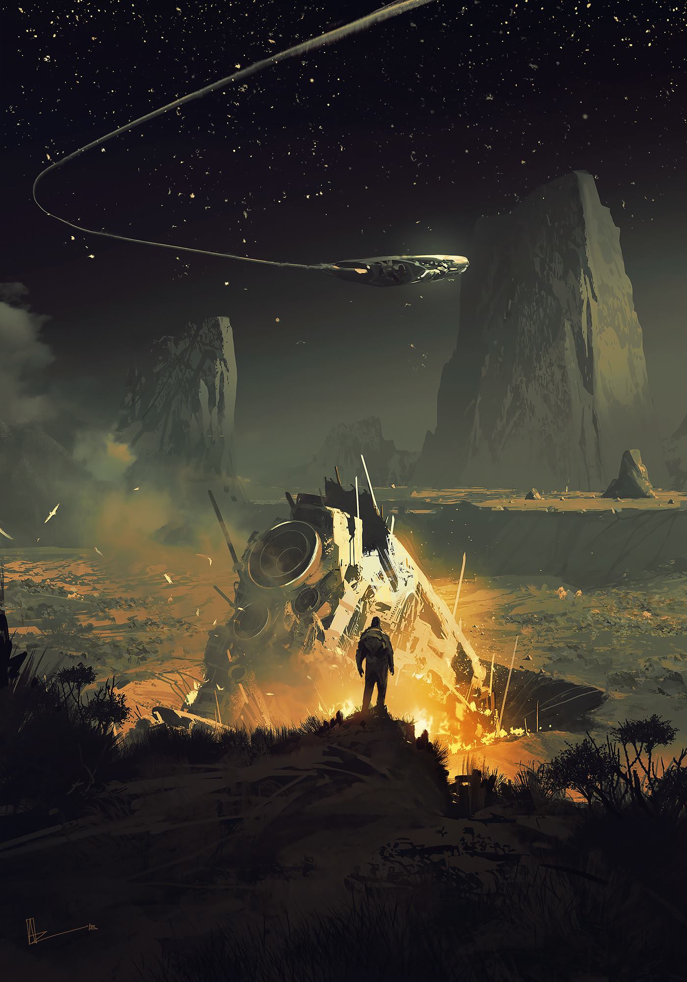 1400x2000, 261 Kb / Amir Zand, планета, космолёт, корабль, падение, воронка, космонавт