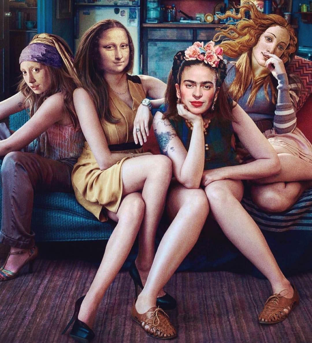 1080x1189, 179 Kb / девичник, диван, мона лиза, фрида кало, вермеер, боттичелли, рождение венеры, девушка с жемчужной сережкой