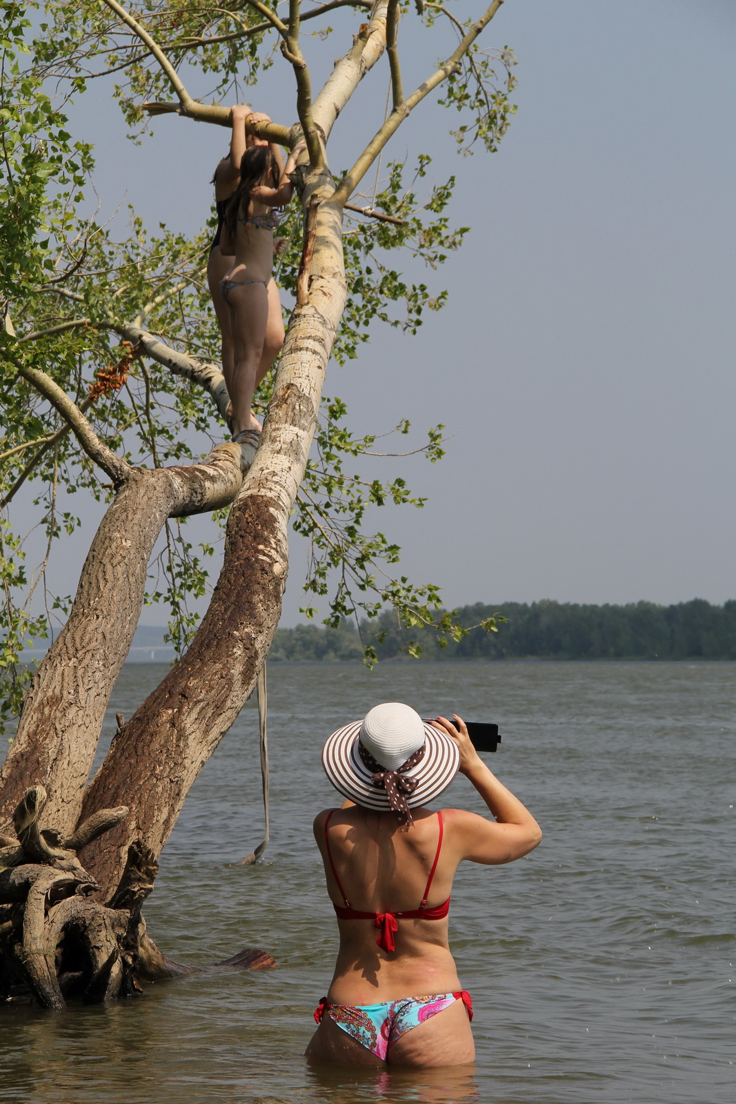 1067x1600, 629 Kb / девушка, река, фотографирует, дети, целлюлит, шляпа, жопа,  тарзанка