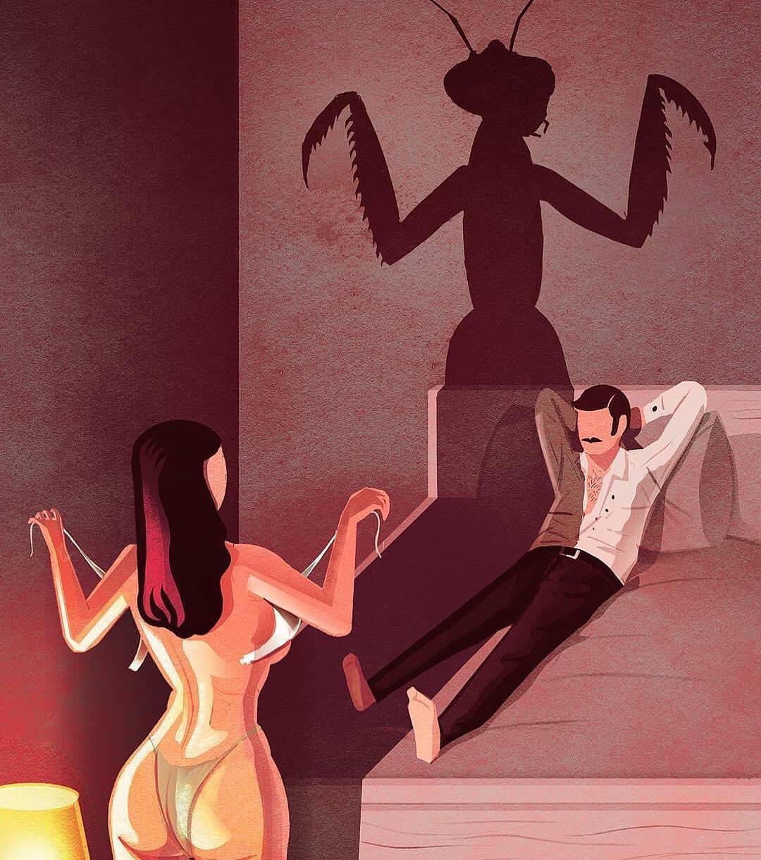 1080x1220, 182 Kb / рисунок, тень, богомол, лифчик, девка, мужик