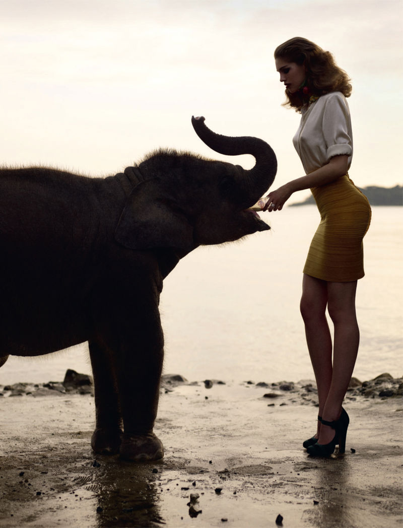 800x1048, 110 Kb / слонёнок, девушка, берег, вода, бутылочка, каблуки, юбка