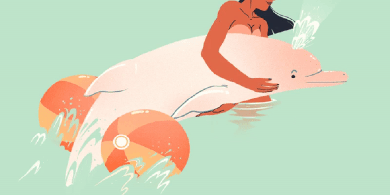 800x400, 165 Kb / дельфин, девушка, мячи, фонтан, ласка, гиф