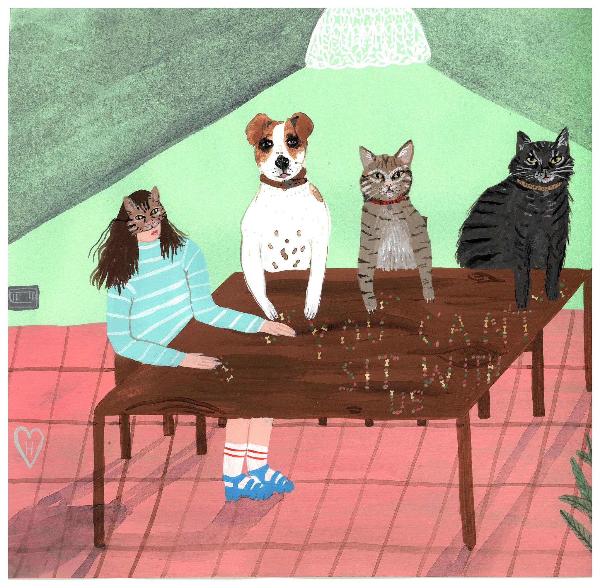 2048x1998, 636 Kb / девка, коты, собака, рисунок