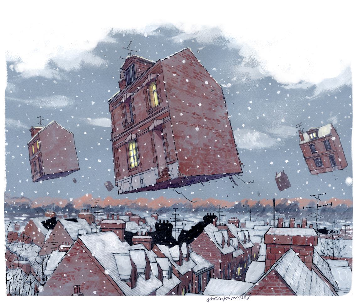 1131x966, 199 Kb / Jordi Lafebre, дома, полёт, снег