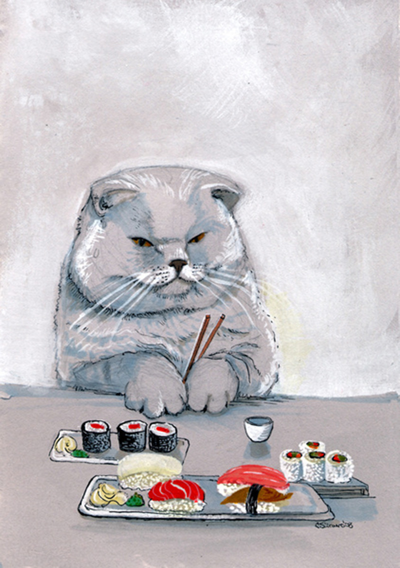 800x1137, 224 Kb / кот, суши, палочки, рисунок