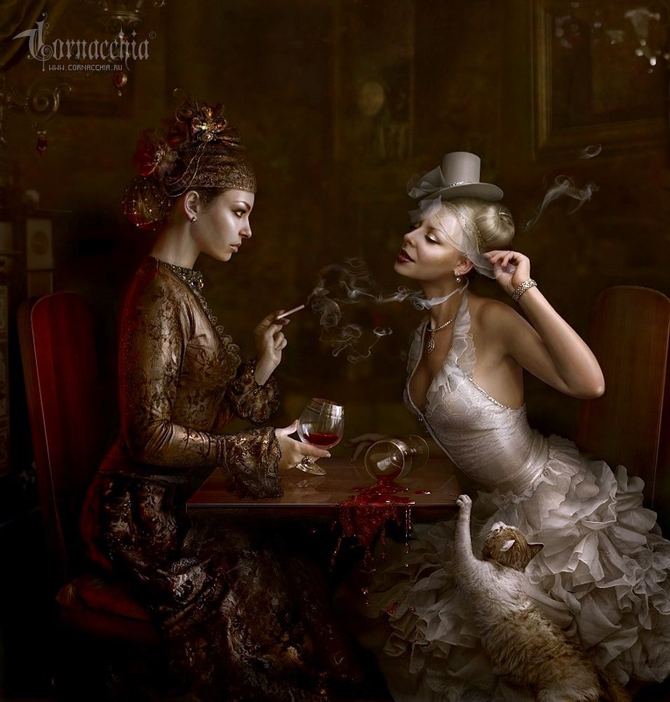 955x1000, 115 Kb / женщины, кот, вино, сигаретка, столик, платья, разговор, посиделки
