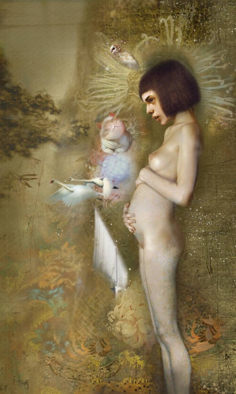 768x1280, 224 Kb / девка, пузо, кот, птицы, рисунок