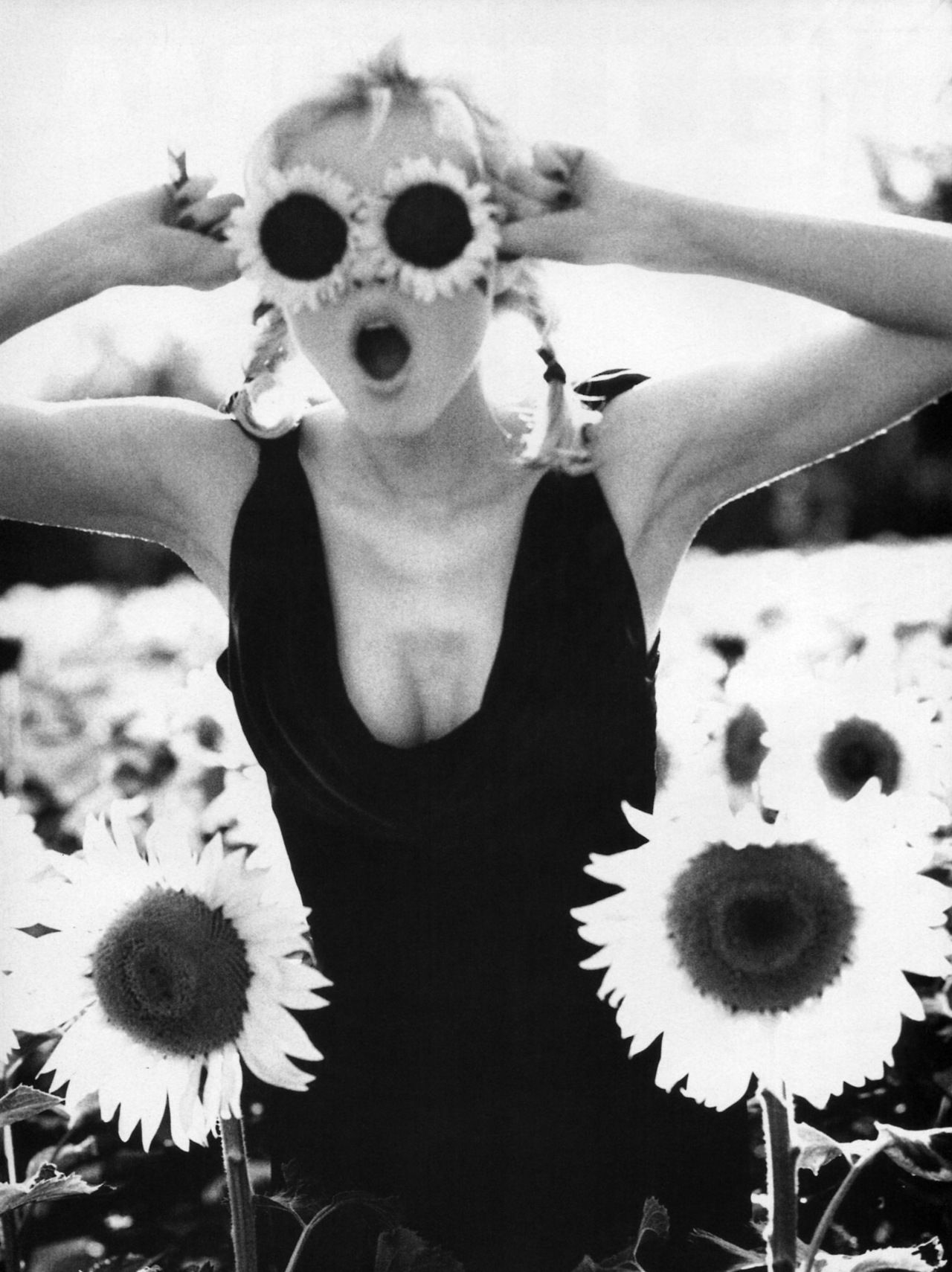 1280x1710, 214 Kb / девка, косички, подсолнухи, ч/б