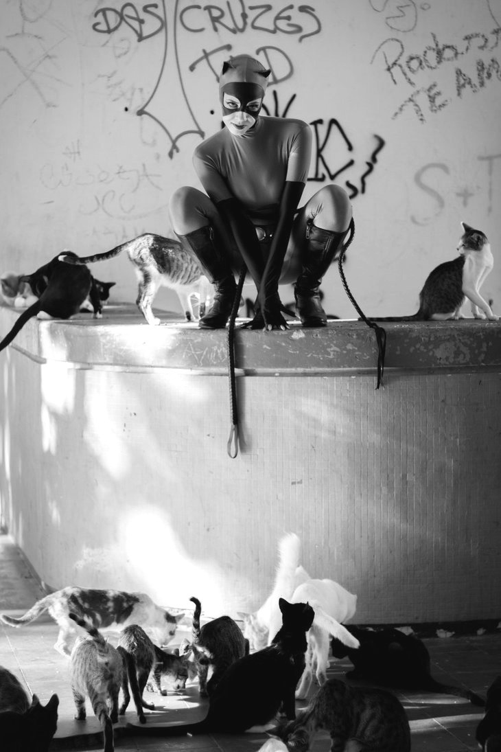 730x1095, 129 Kb / женщина-кошка, коты, ч/б, костюм