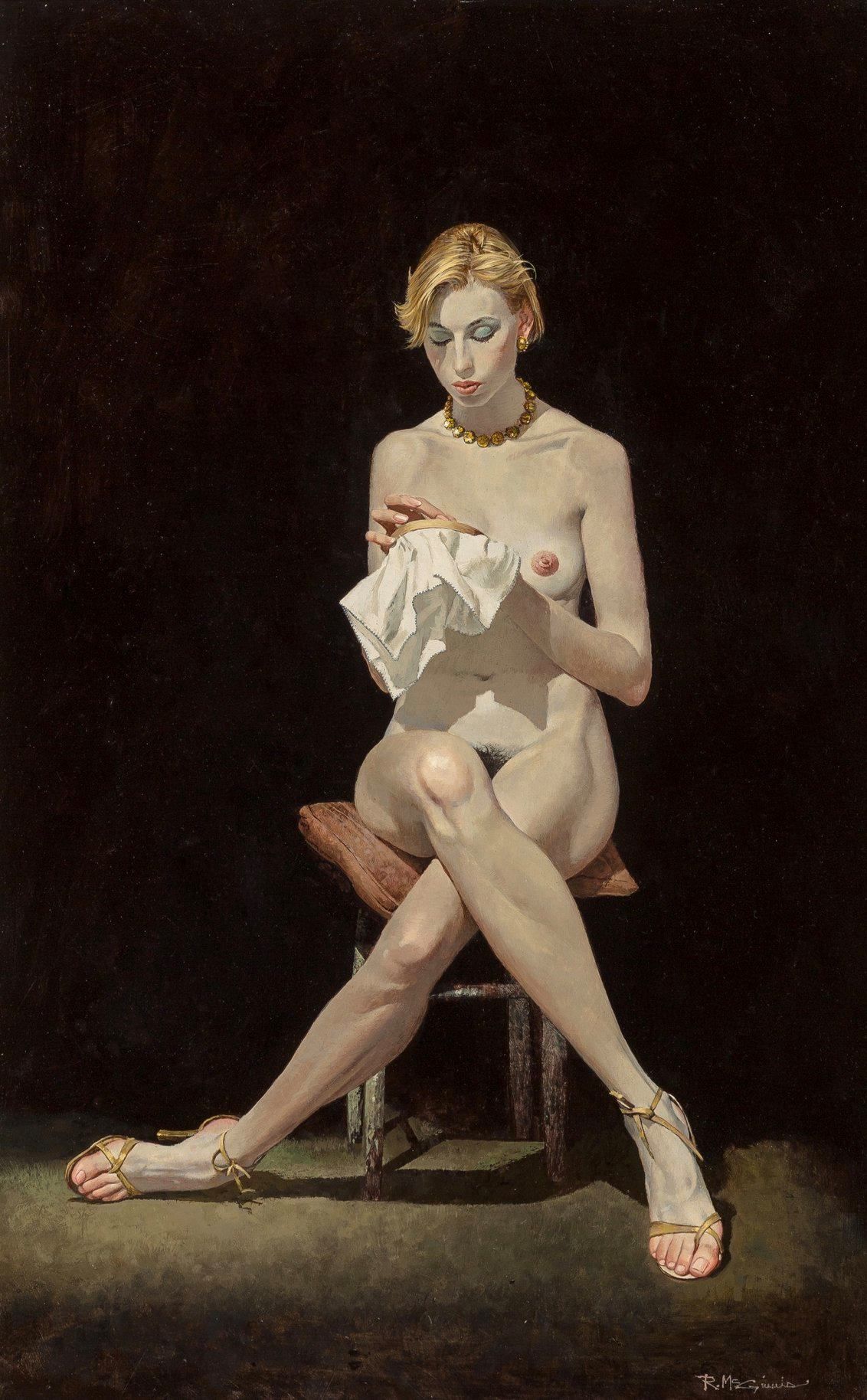 1132x1828, 263 Kb / девка, рыжая, табурет, пяльцы, вышивание, рисунок, блондинка