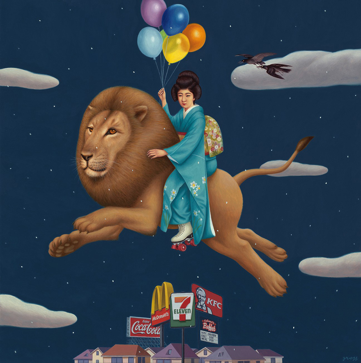 1500x1508, 463 Kb / азиатка, рисунок, лев, ролики, шарики