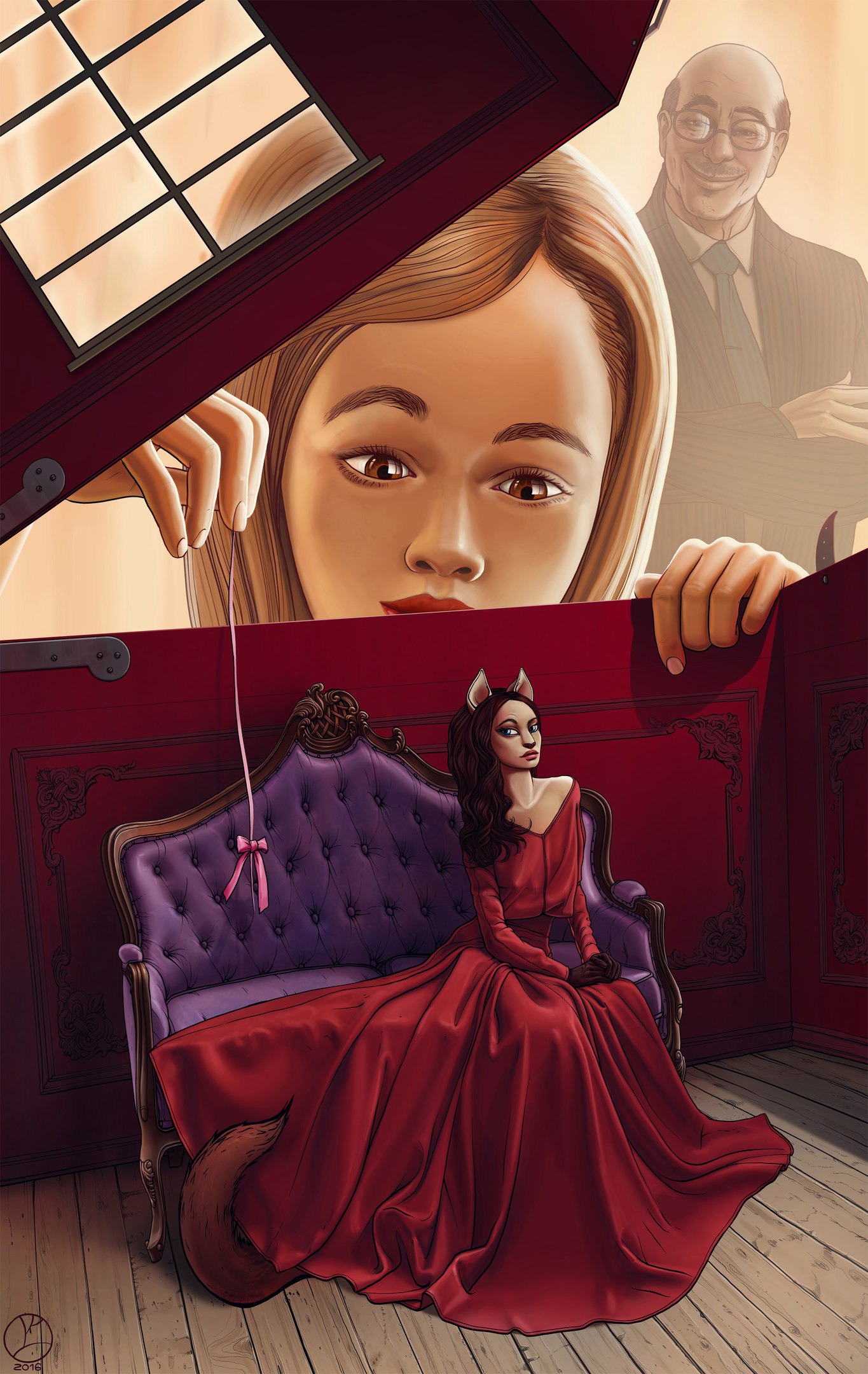 1365x2160, 452 Kb / ящик, коробка, и грушка, кошка, хвост, бантик, девочка, платье, красное