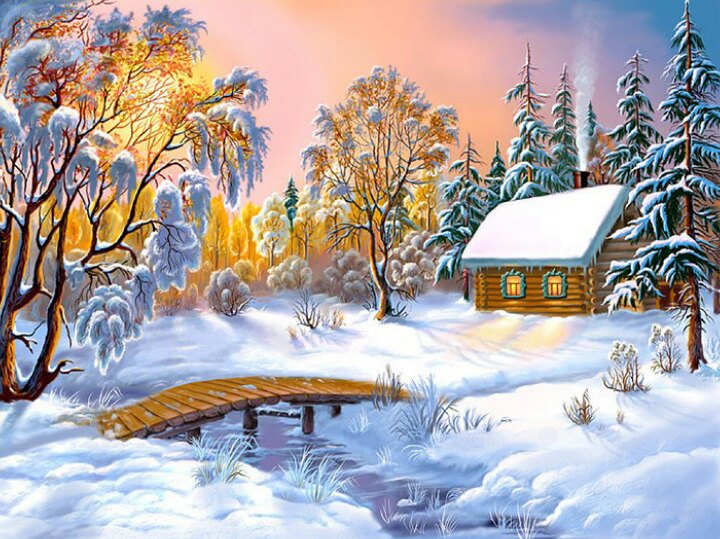 720x539, 126 Kb / зима, рисунок, домик, мост, снег, солнце, дым