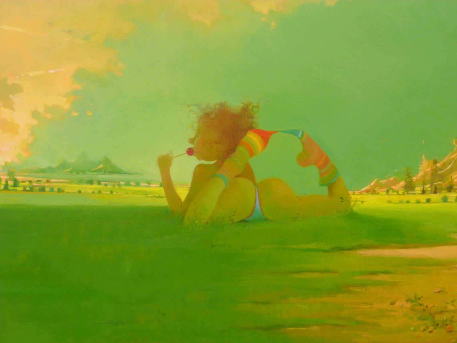 1600x1200, 89 Kb / картина, зелень, небо, рыжая, девка, жопа, трусы, носки, чупа-чупс