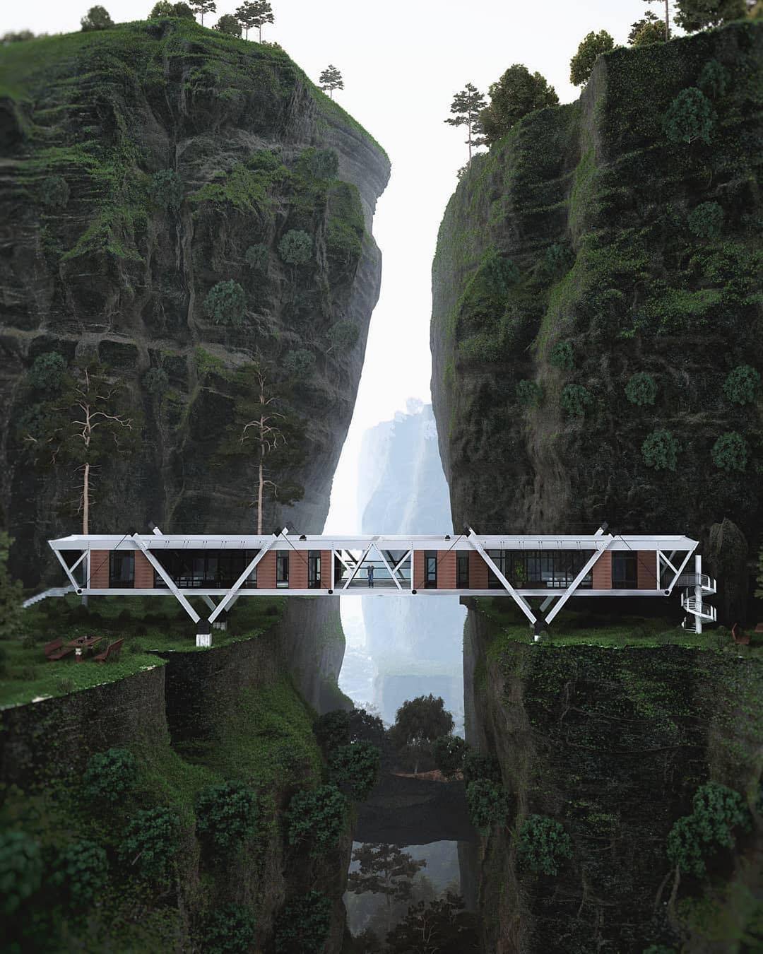 1080x1350, 189 Kb / Мост, дом, ущелье, горы, архитектура