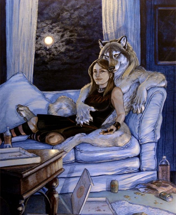 720x880, 104 Kb / девка, волк, диван, пицца, бардак, рисунок