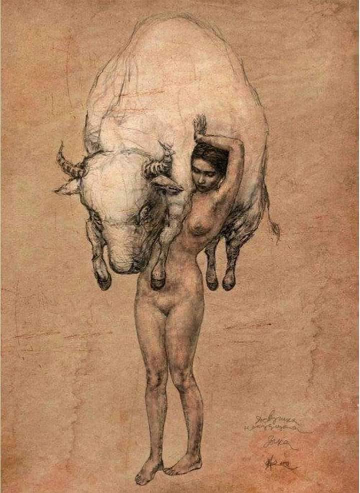 720x987, 100 Kb / девка, рисунок, девушка несущая быка, Владимир Фоканов